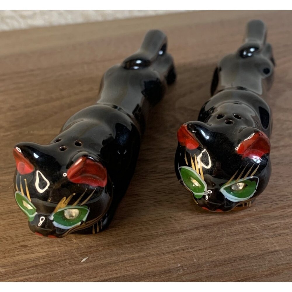 Vintage Black Panther Rhinestone Eye Shaker Set 5.5” Japan Salt & Pepper